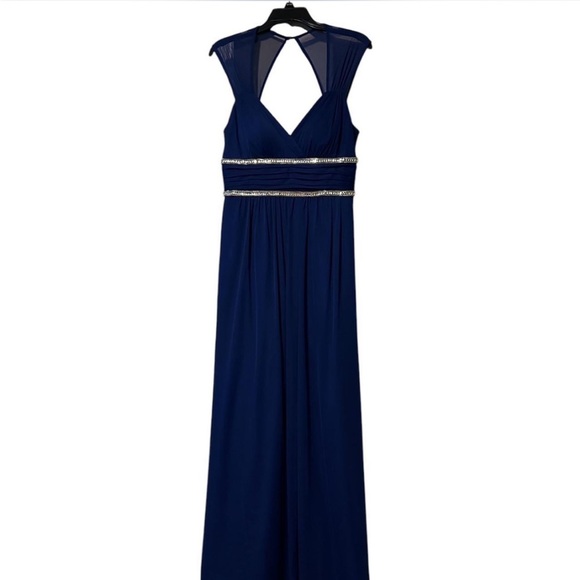 Blondie Nites Navy and Silver Grecian-Style Prom Dress - Picture 1 of 4